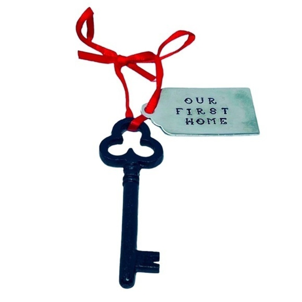 Handmade stamped silver tag iron skeleton key holiday house warming ornament